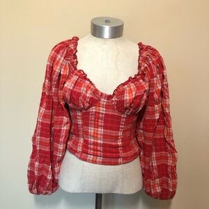 Free people plaid top balloon sleeve cherry bomb madras red hot